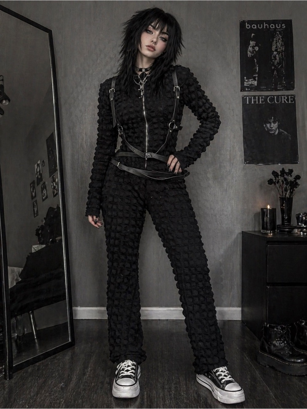 Black Textured Long-Sleeve Jumpsuit with Harness Detail